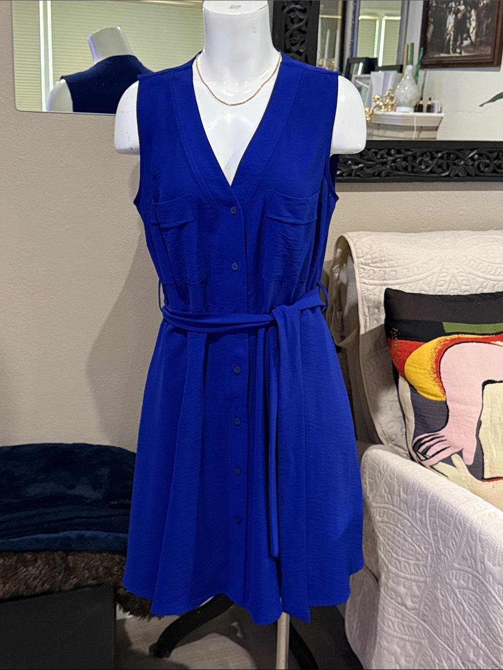 DKNY Electric Blue Sleeveless Button-Front Mini Dress with Tie Waist